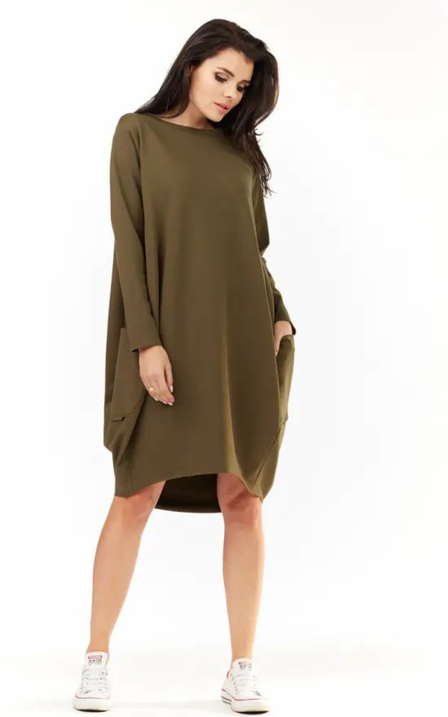 Dresses * | Flash Sale Awama Olive Loose Dress With Big Pockets