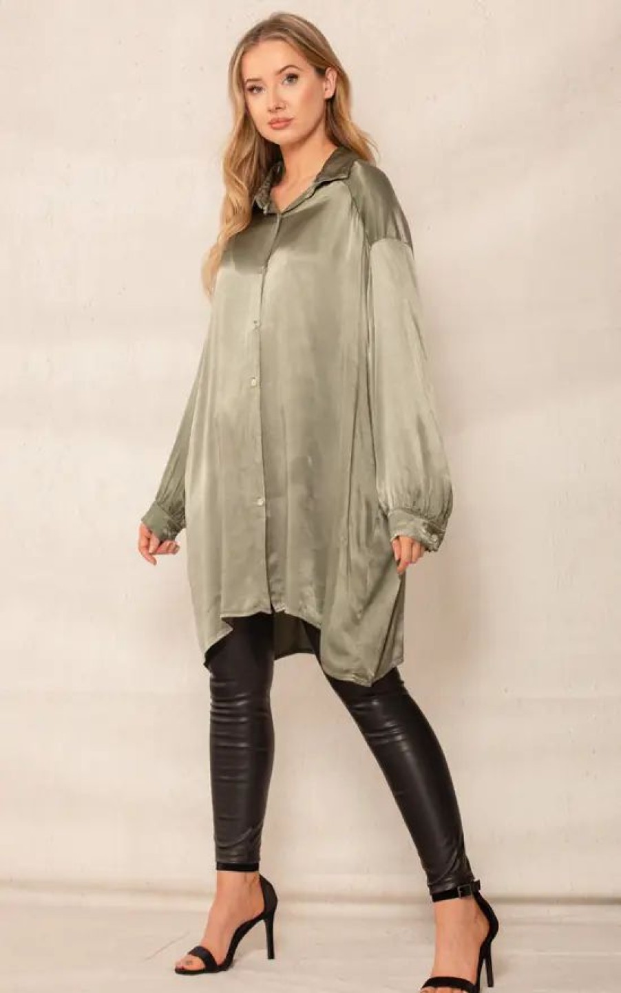 Dresses * | Brand New Boutique Store Sage Oversized Satin Shirt Dress