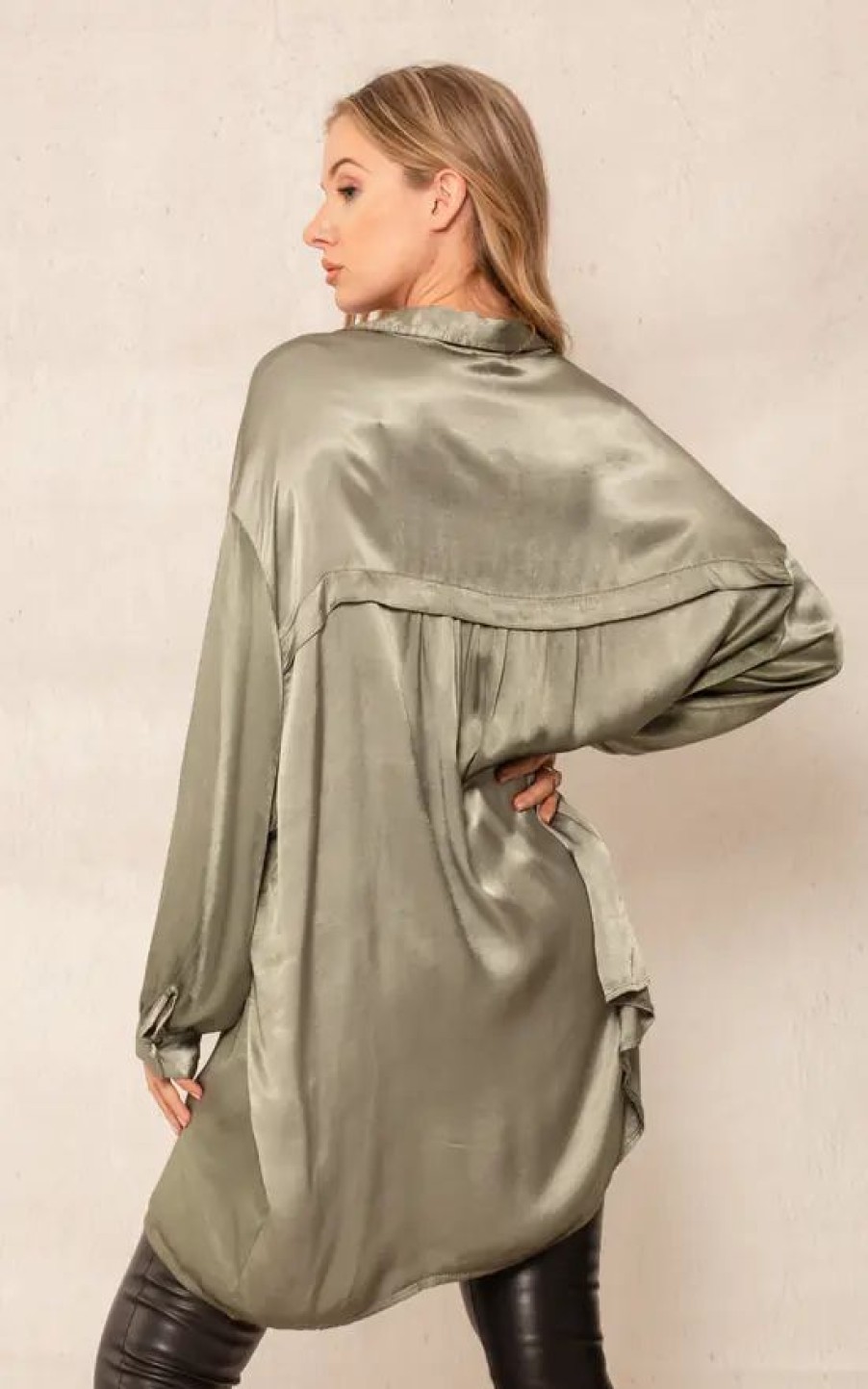 Dresses * | Brand New Boutique Store Sage Oversized Satin Shirt Dress