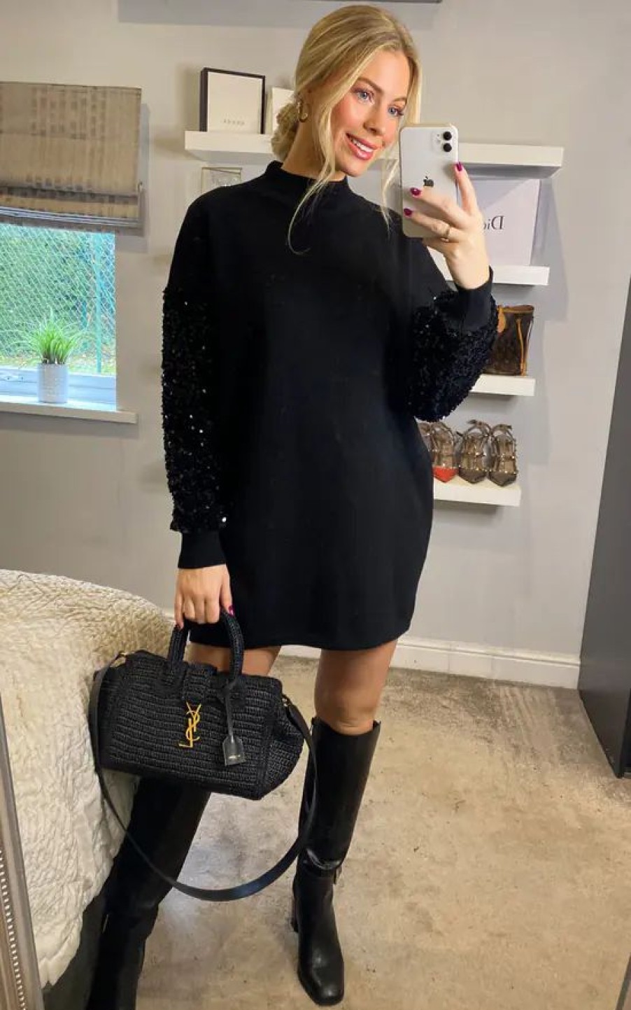 Dresses * | Outlet Cy Boutique Sequin Embellished Full Sleeves Jumper Dress In Black