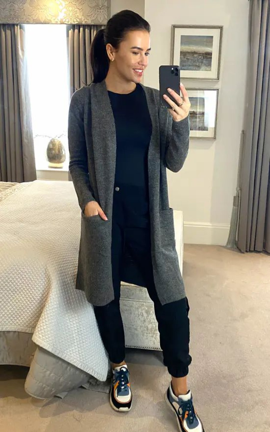 Knitwear * | Hot Sale Pieces Long Sleeve Knitted Longline Cardigan In Dark Grey