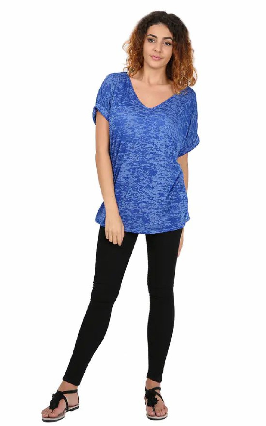 Tops * | Discount Oops Fashion Sarah V Neck Turn Up Sleeve T Shirt In Royal Blue