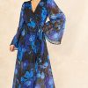 Dresses * | Outlet Chekani Flared Sleeve Maxi Wrap Dress In Blue Silver Floral | Luna