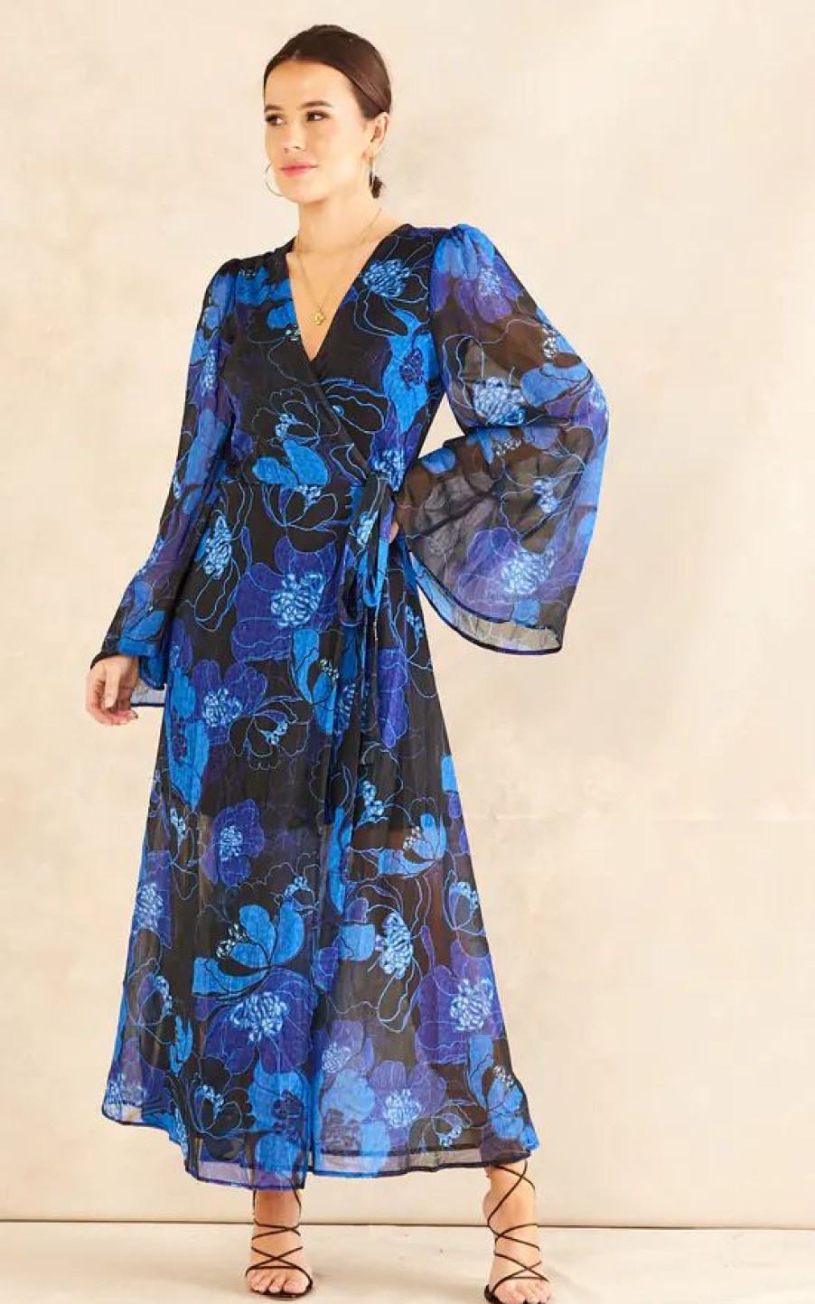 Dresses * | Outlet Chekani Flared Sleeve Maxi Wrap Dress In Blue Silver Floral | Luna