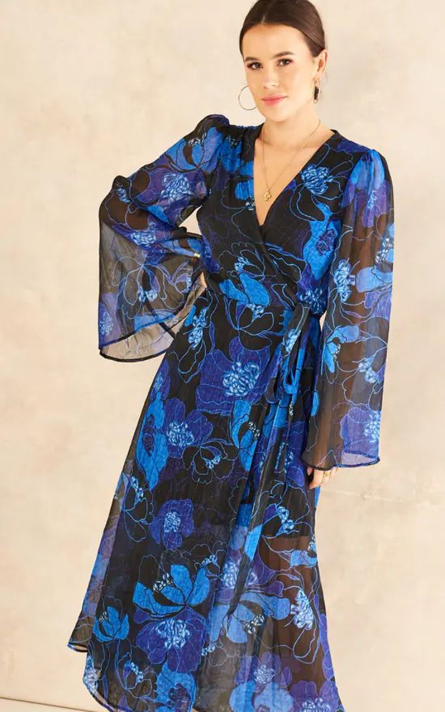 Dresses * | Outlet Chekani Flared Sleeve Maxi Wrap Dress In Blue Silver Floral | Luna