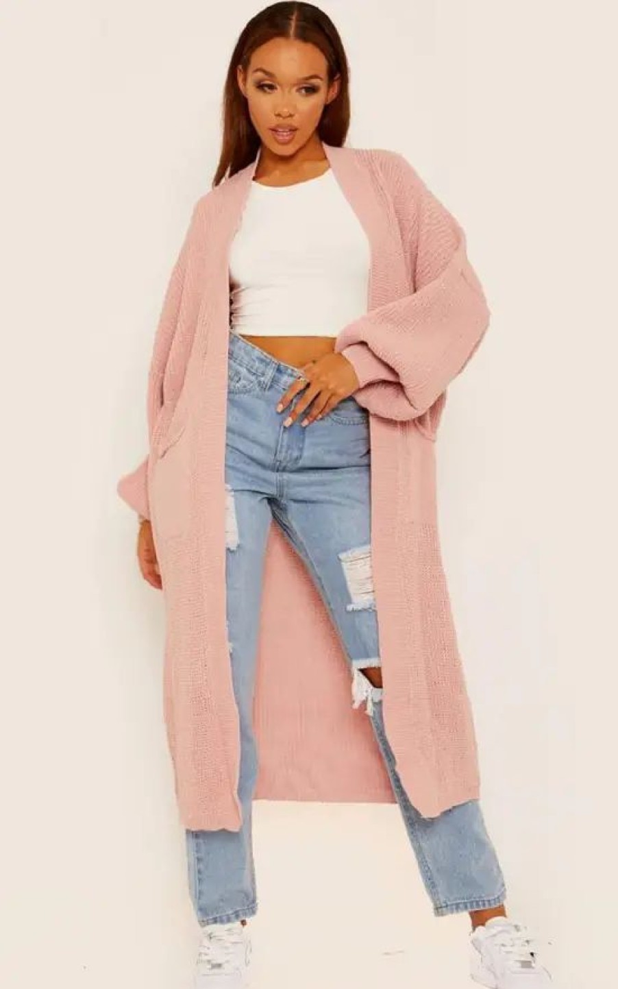 Knitwear * | New De La Creme Fashions Pink Balloon Sleeve Knitted Open Front Long Cardigan