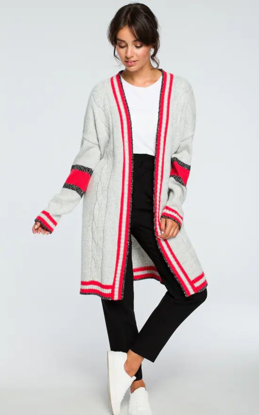 Knitwear * | Best Deal Moe Grey Loose Red Trim Long Cardigan