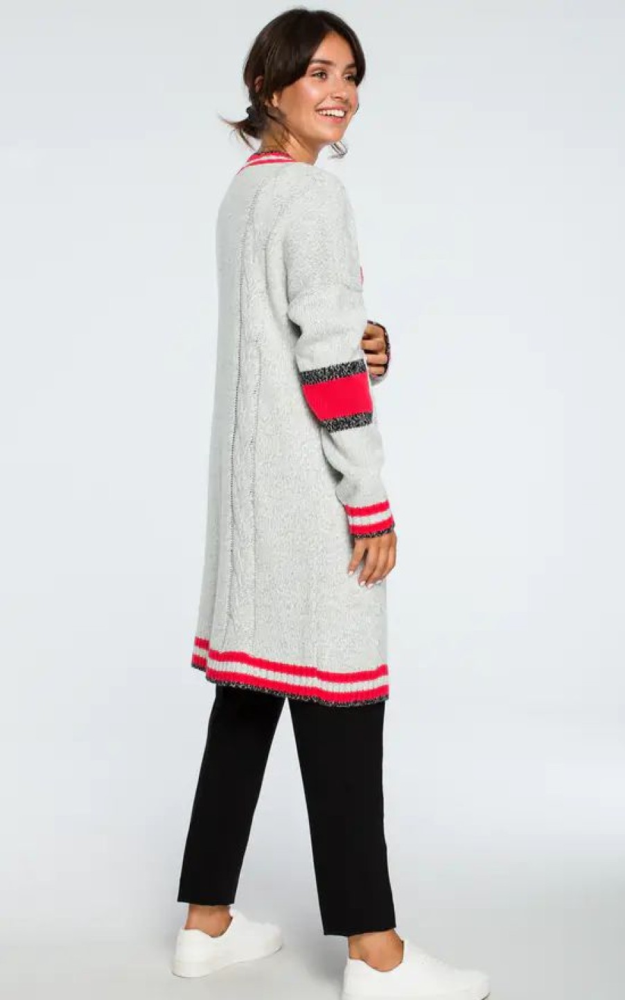 Knitwear * | Best Deal Moe Grey Loose Red Trim Long Cardigan