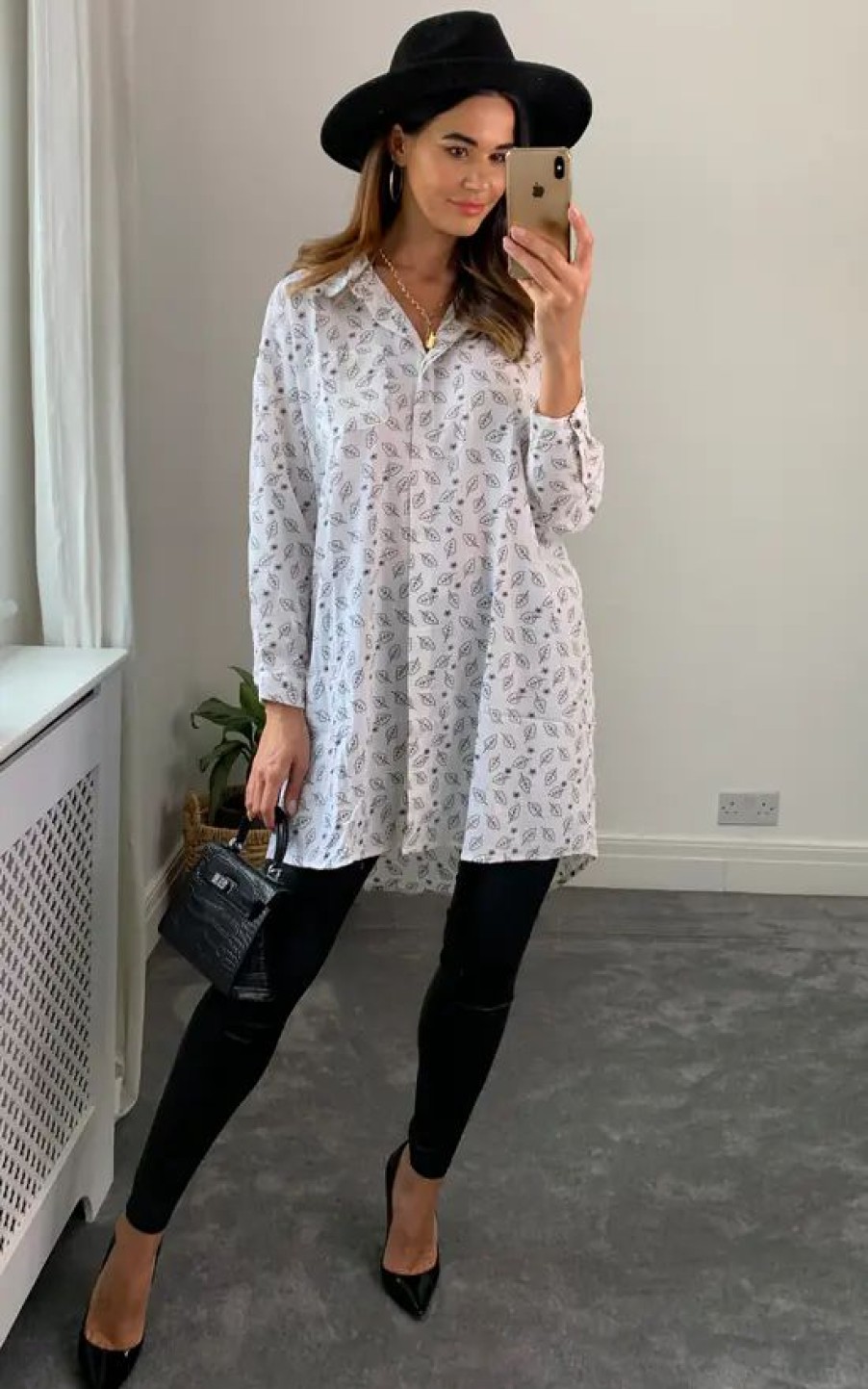 Dresses * | Cheap Cy Boutique Oversized Shirt Dress With Bow In White And Black Leaf Print