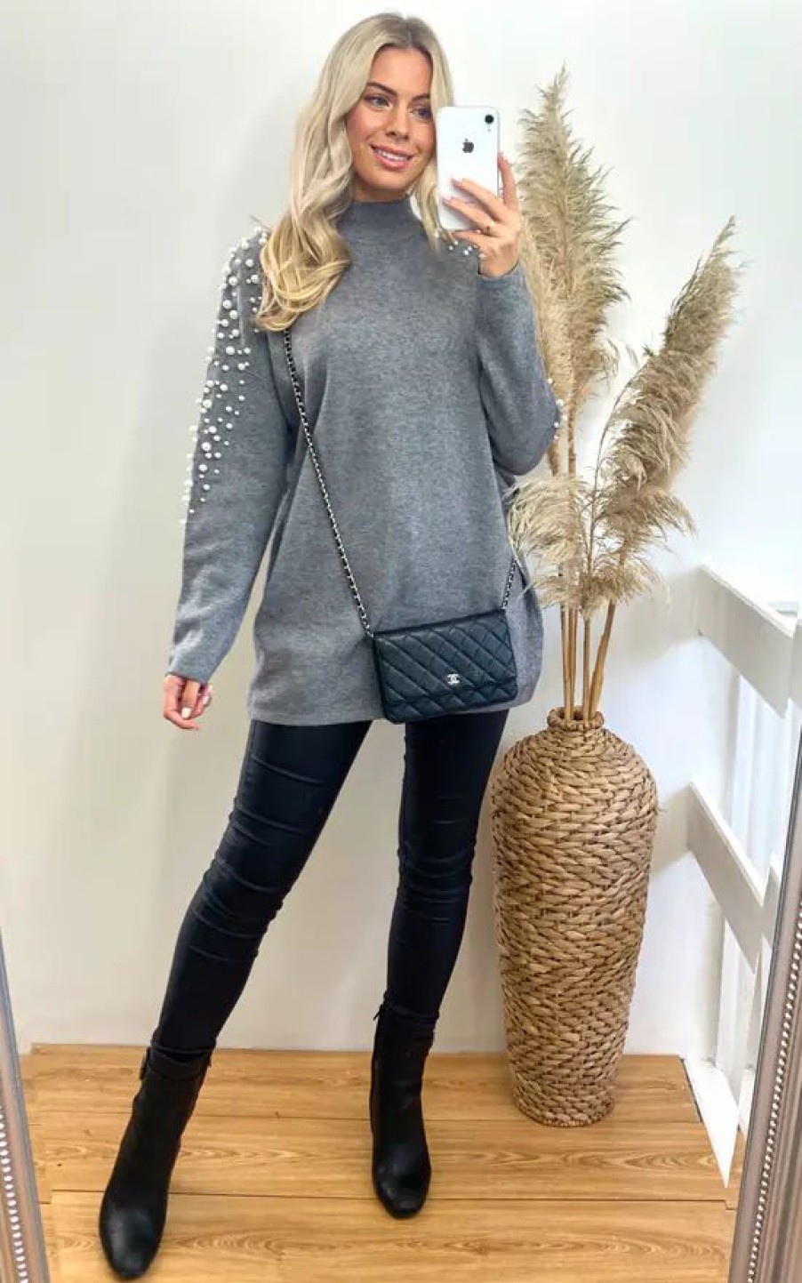 Dresses * | Best Reviews Of Cy Boutique Oversized Jumper With Pearl Embellishment In Grey