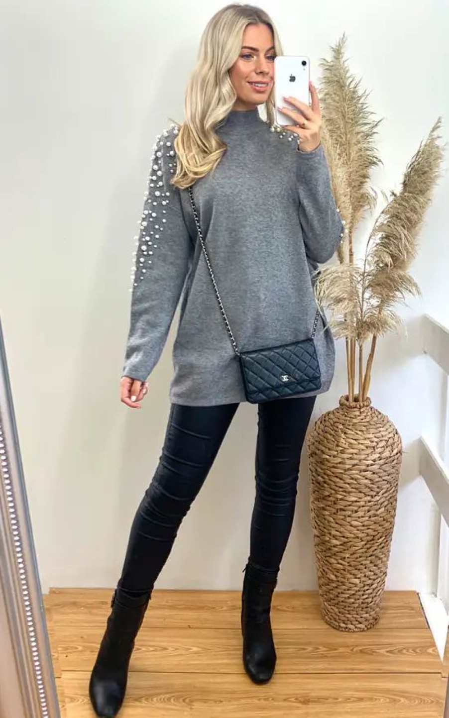 Dresses * | Best Reviews Of Cy Boutique Oversized Jumper With Pearl Embellishment In Grey