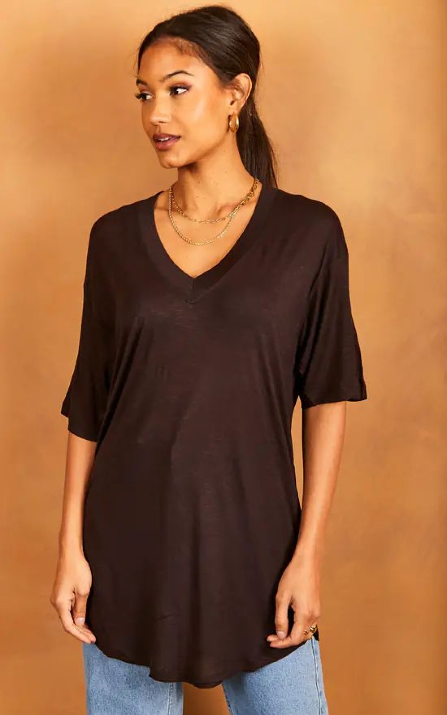 Tops * | Cheap Jjxx Longline V Neck T Shirt In Black