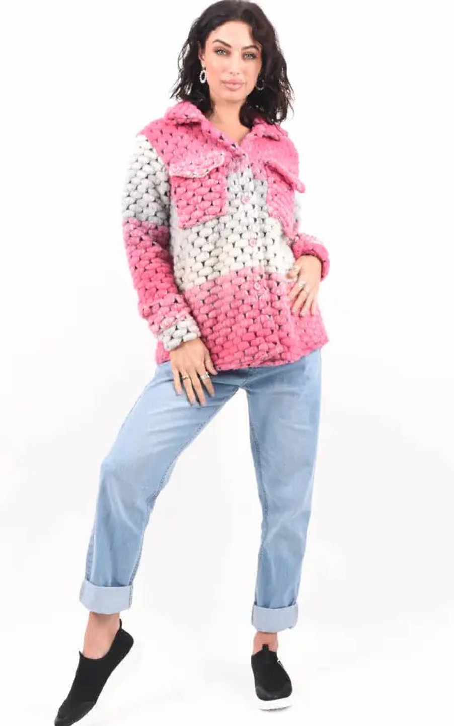 Knitwear * | Budget Boutique Store Pink Multicoloured Chunky Knit Shacket