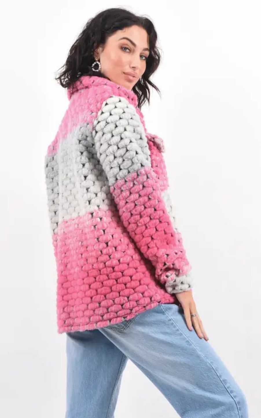 Knitwear * | Budget Boutique Store Pink Multicoloured Chunky Knit Shacket