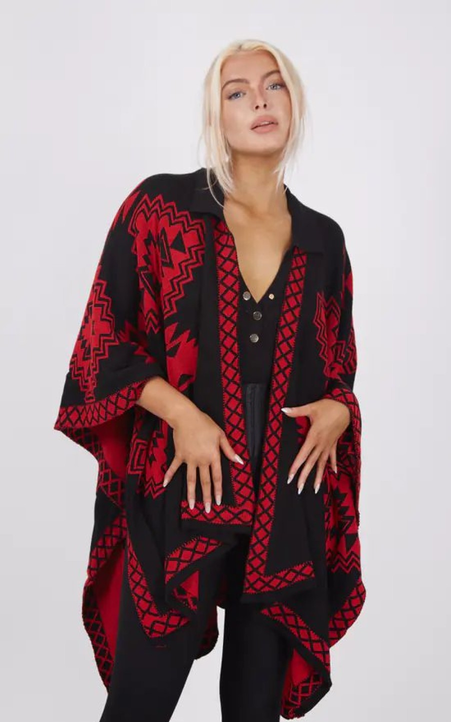 Knitwear * | Coupon Boutique Store Red And Black Aztec Print Reversible Poncho One Size Fit (10 20)