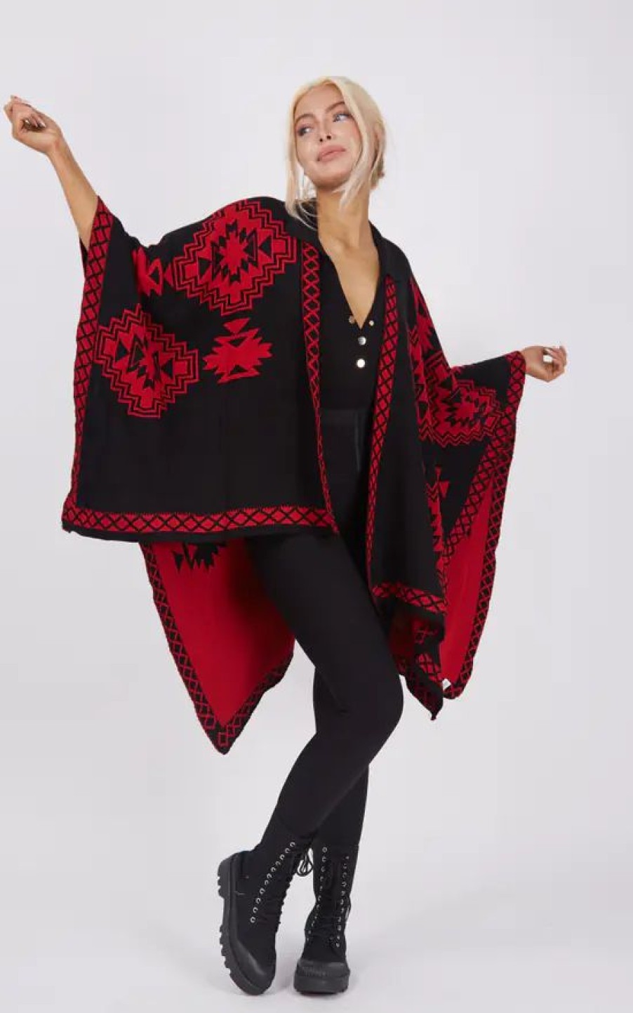 Knitwear * | Coupon Boutique Store Red And Black Aztec Print Reversible Poncho One Size Fit (10 20)