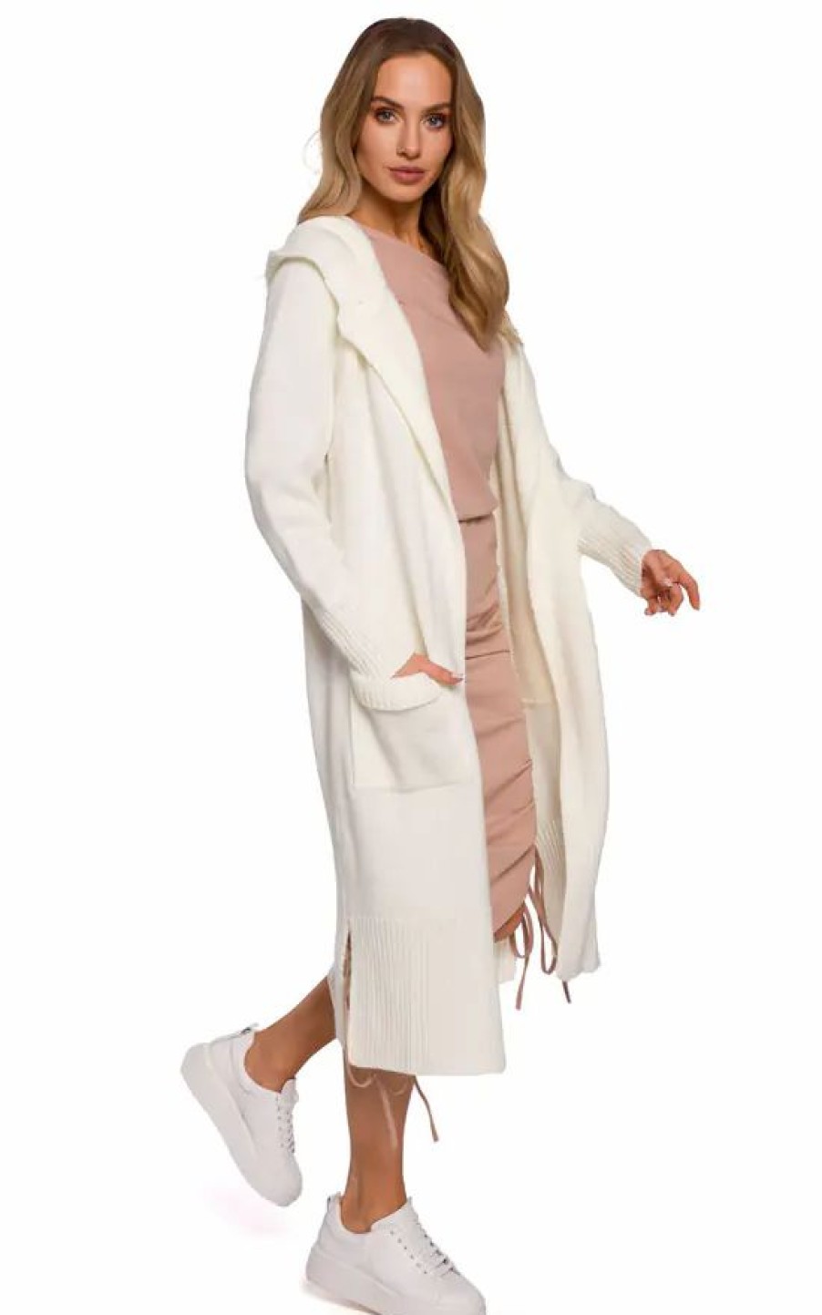 Knitwear * | Promo Moe Longline Hooded Cardigan With Pockets In White