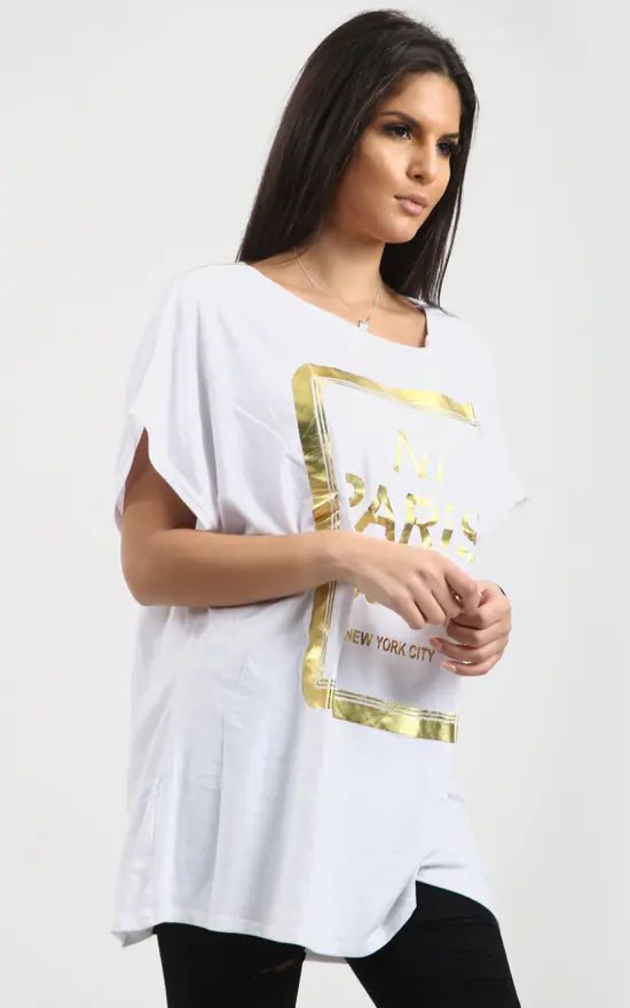 Tops * | Best Reviews Of Oops Fashion Maisie Gold Foil Paris Slogan Baggy Top In White