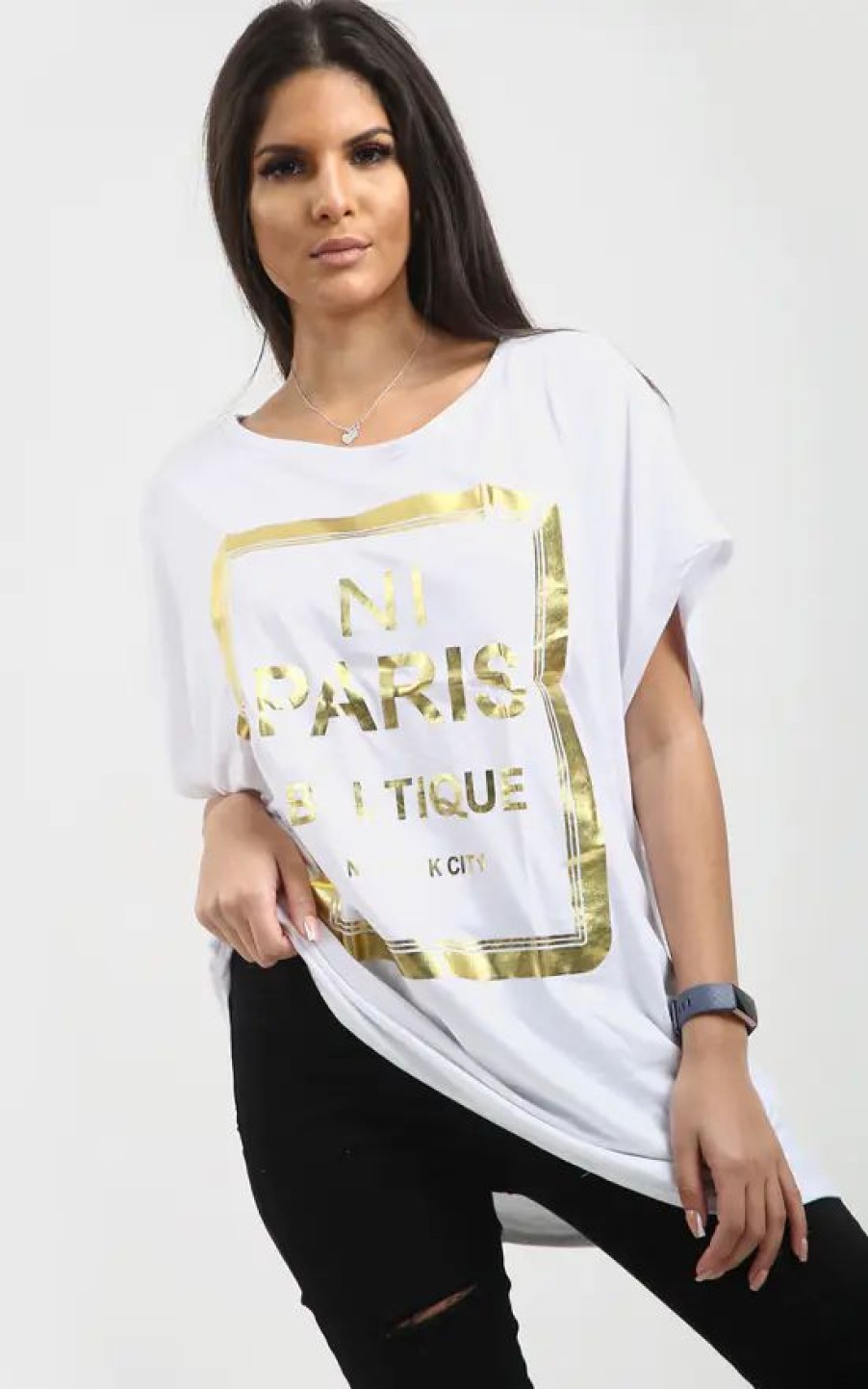 Tops * | Best Reviews Of Oops Fashion Maisie Gold Foil Paris Slogan Baggy Top In White