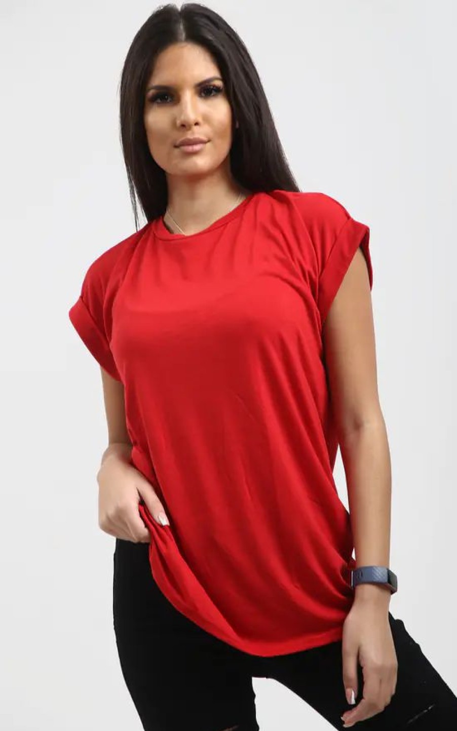 Tops * | Outlet Oops Fashion Roll Sleeve Oversized Jersey T Shirt In Red