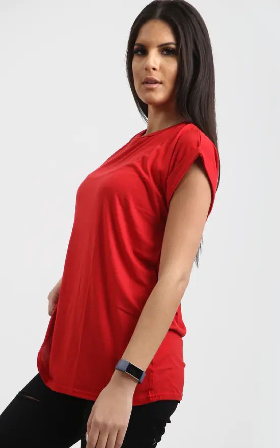 Tops * | Outlet Oops Fashion Roll Sleeve Oversized Jersey T Shirt In Red