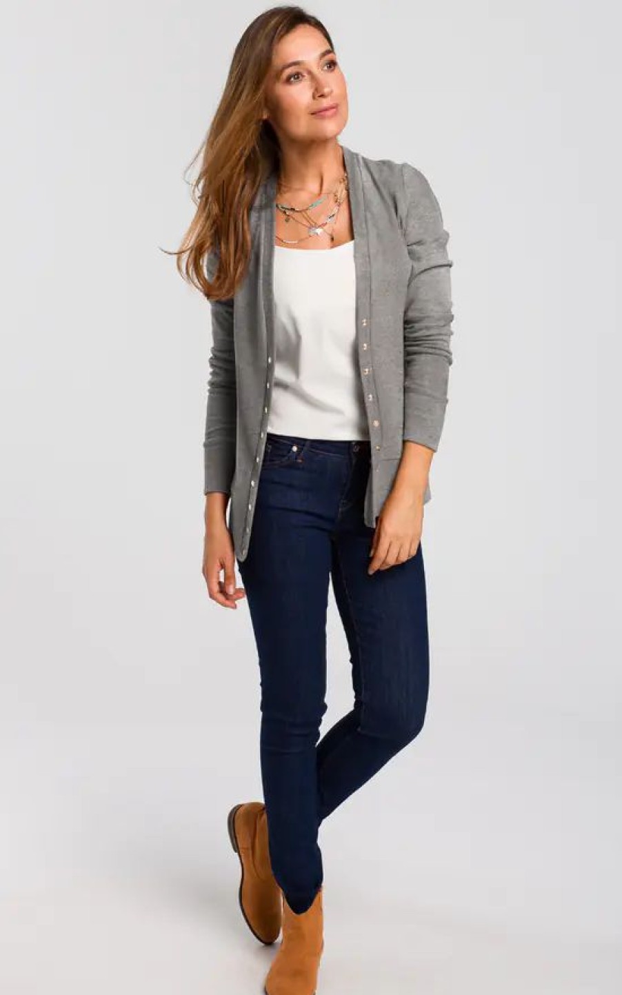 Knitwear * | Discount Moe Grey Fitted Cardigan With Snap Fastenings