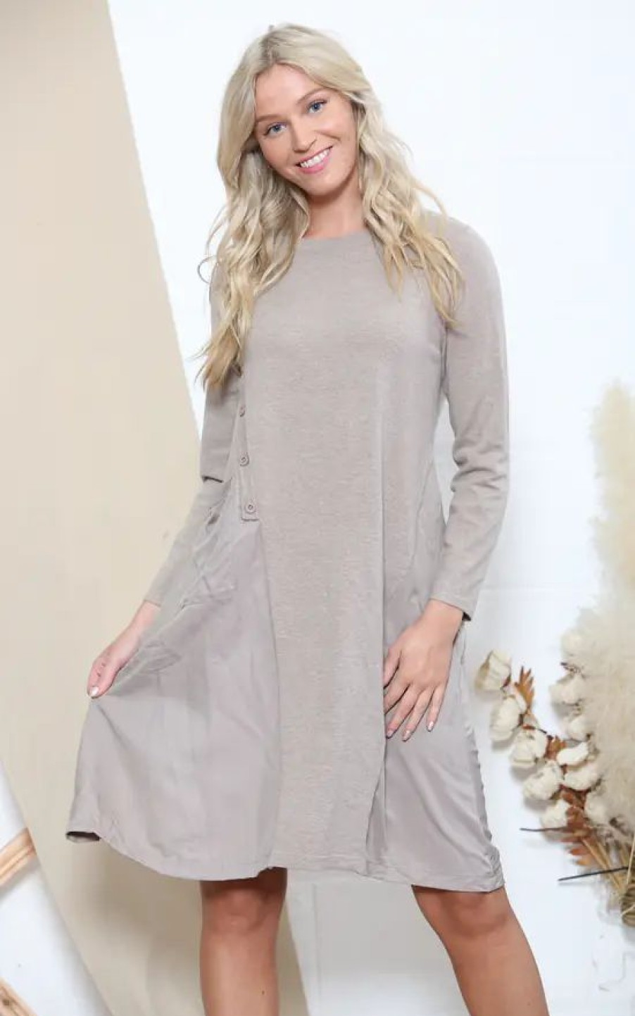 Dresses * | Flash Sale Lucy Sparks Taupe Long Sleeve Dress With Panels