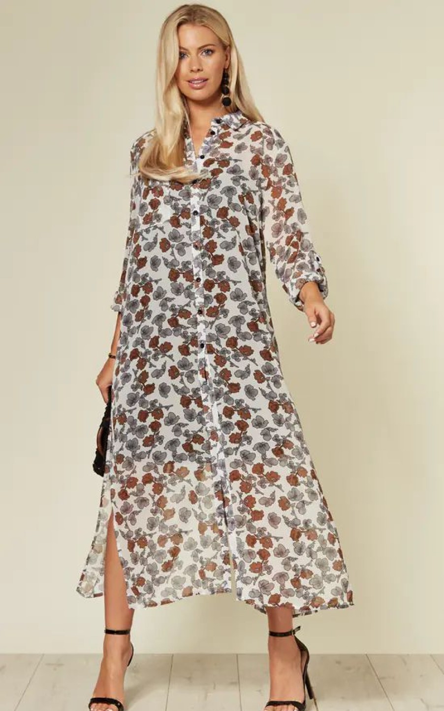 Tops * | Cheapest Cy Boutique Long Sleeve Chiffon Maxi Shirt In White Floral Print