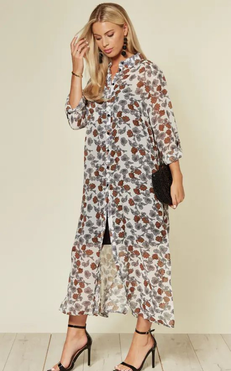 Tops * | Cheapest Cy Boutique Long Sleeve Chiffon Maxi Shirt In White Floral Print