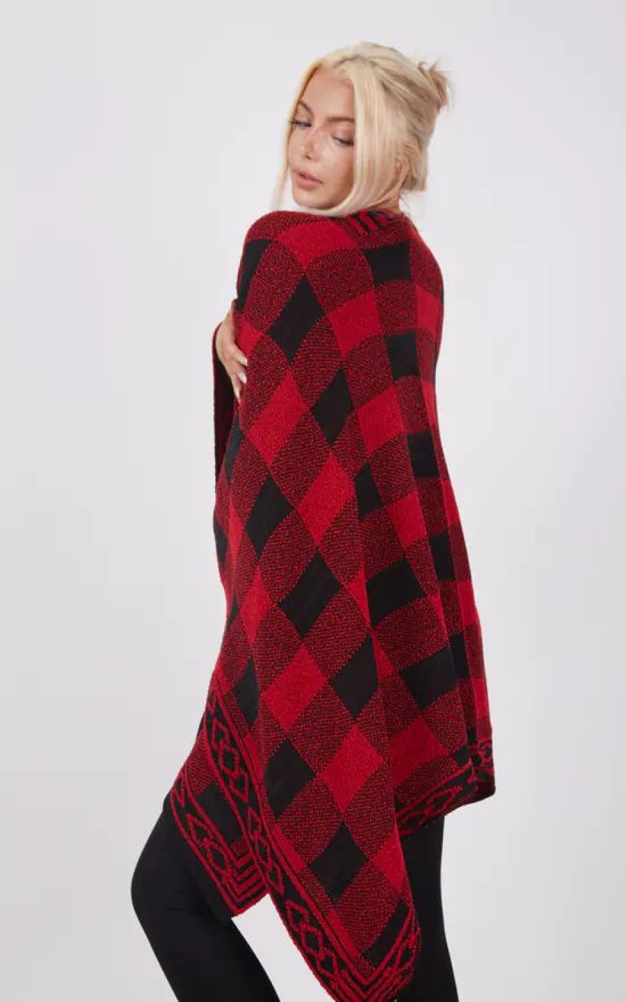 Knitwear * | Hot Sale Boutique Store Red And Black Check Print Poncho One Size Fit (10 20)