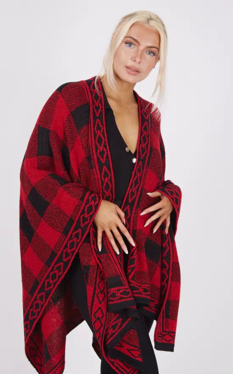 Knitwear * | Hot Sale Boutique Store Red And Black Check Print Poncho One Size Fit (10 20)