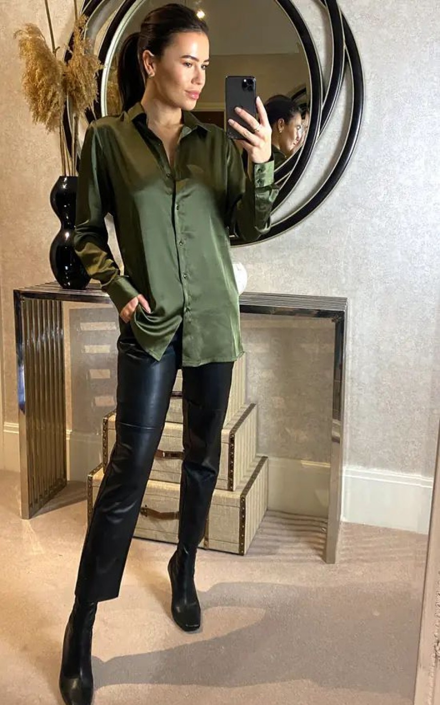 Tops * | New Freespirits Oversized Green Satin Shirt