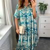 Dresses * | Best Reviews Of Hoxton Gal Oversized Printed Shirt Midi Dress With Short Sleeves In Turquois