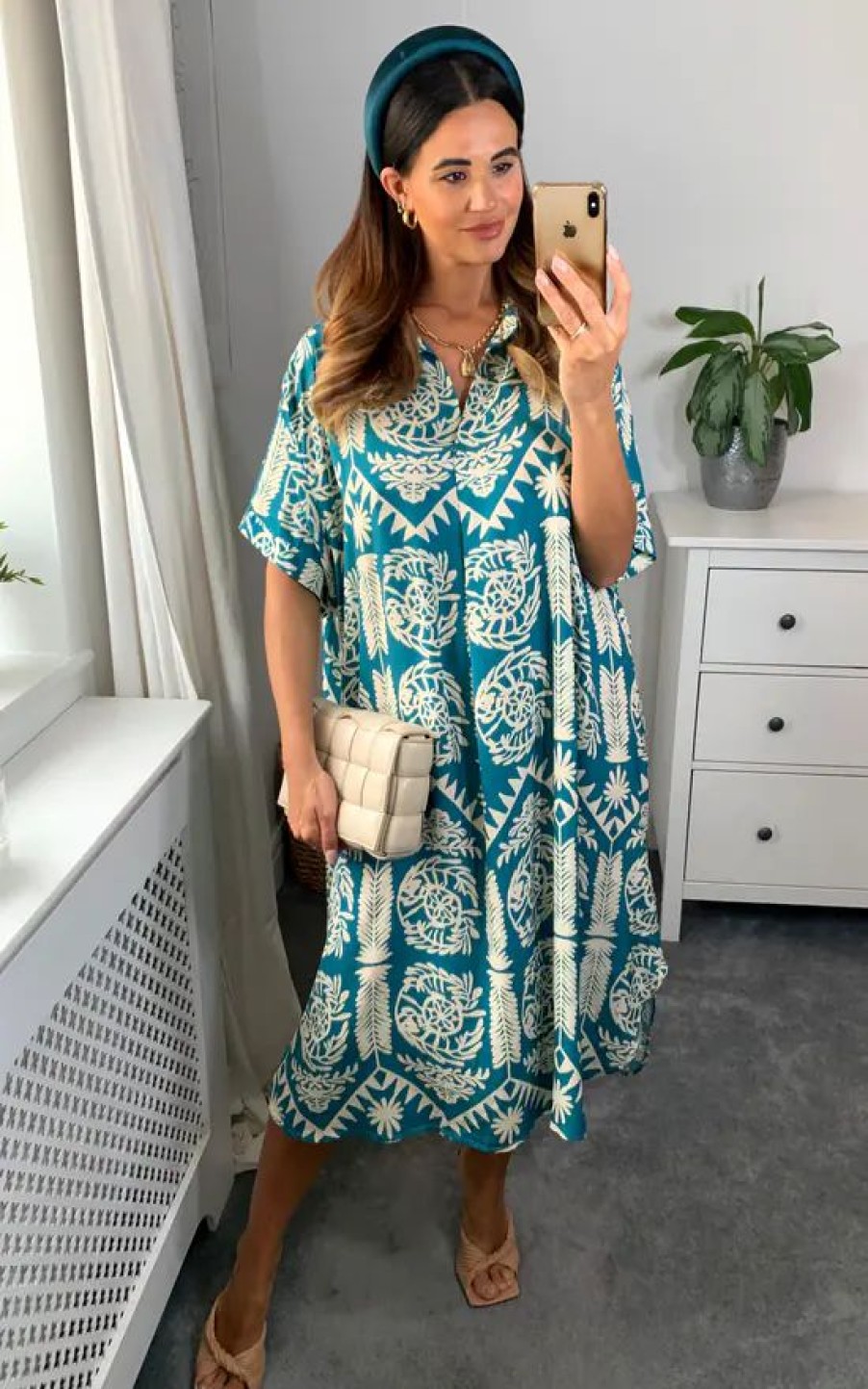 Dresses * | Best Reviews Of Hoxton Gal Oversized Printed Shirt Midi Dress With Short Sleeves In Turquois