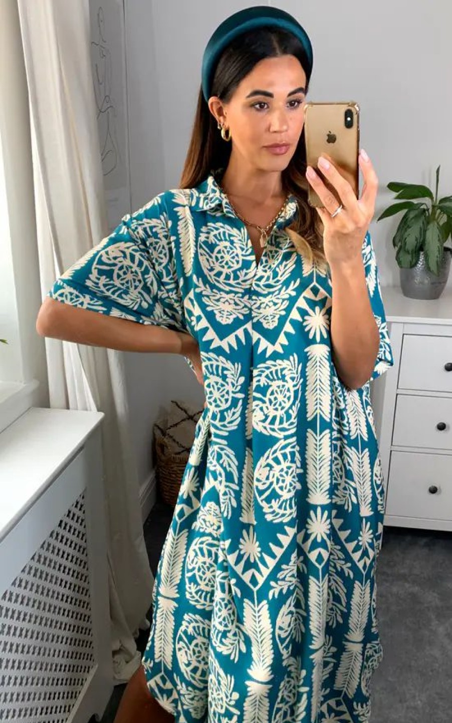 Dresses * | Best Reviews Of Hoxton Gal Oversized Printed Shirt Midi Dress With Short Sleeves In Turquois