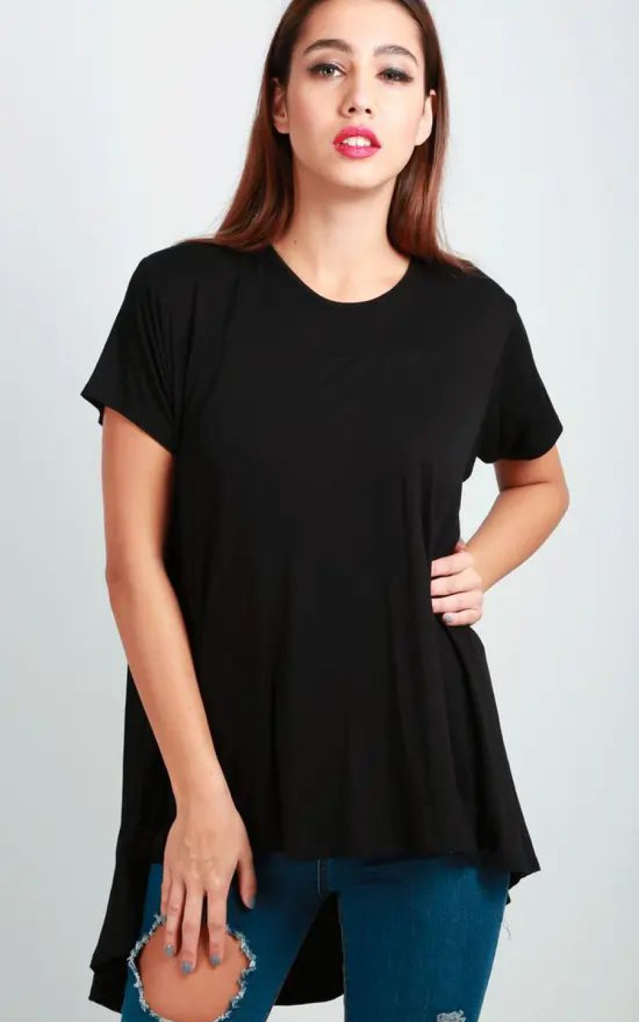 Tops * | Cheapest Oops Fashion Dipped Hem Oversized T Shirt In Black