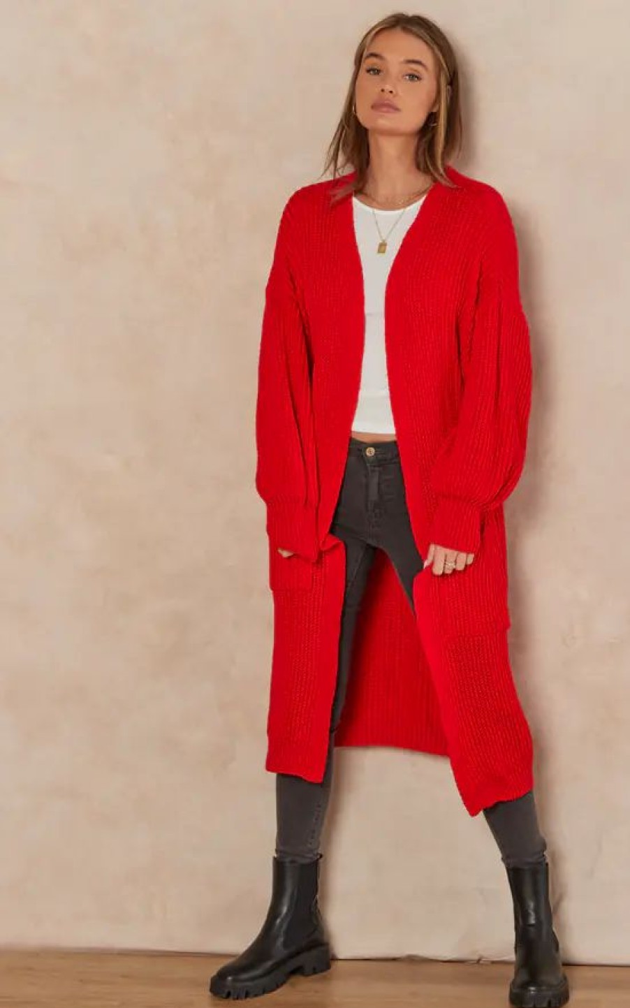 Knitwear * | Wholesale Gini London Red Long Knitted Cardigan