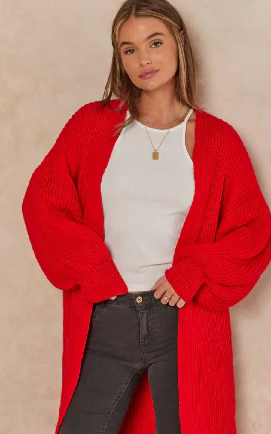 Knitwear * | Wholesale Gini London Red Long Knitted Cardigan