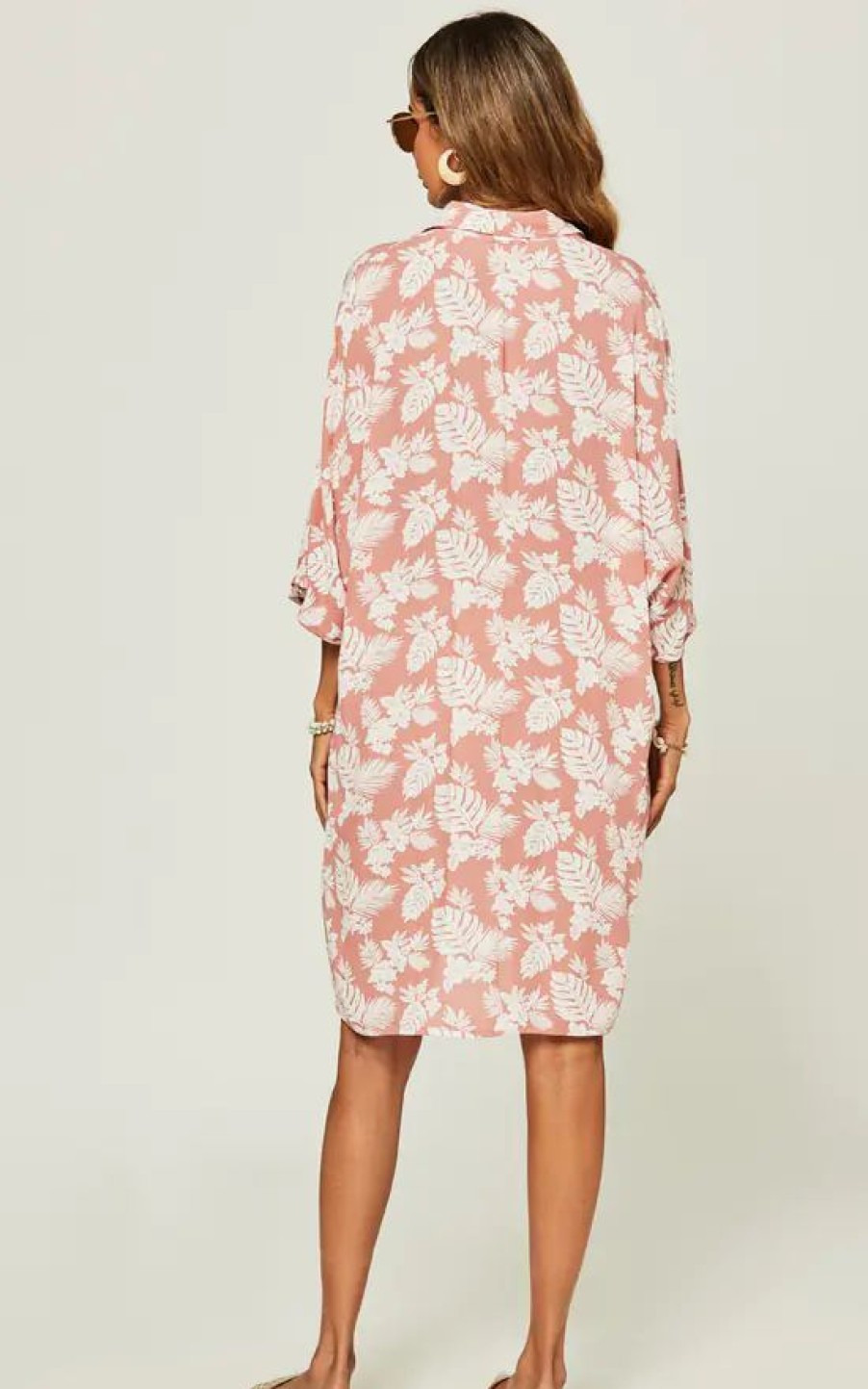 Dresses * | Deals Fs Collection Oversized Mini Shirt Dress In Pink Flora Leaf Print