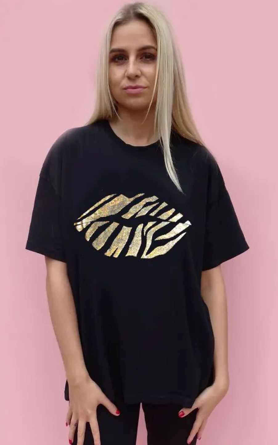 Tops * | Best Deal Sade Farrell Gold Holographic Zebra Lip Print T Shirt In Black