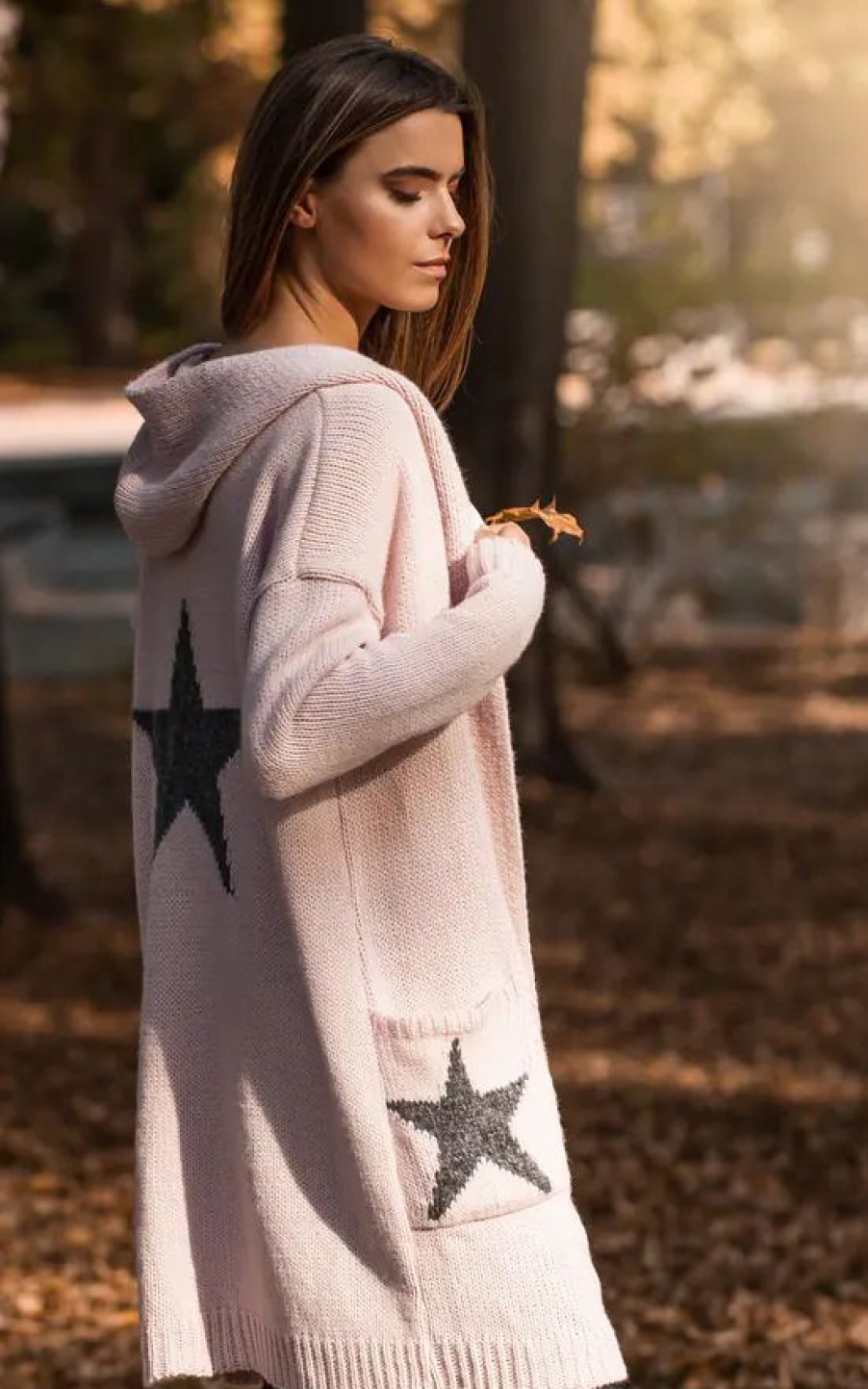 Knitwear * | Brand New Moe Hooded Star Longline Cardigan Pink