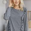 Tops * | Brand New Fs Collection Frill Hem Detail Long Sleeve Breton Striped Top In Grey