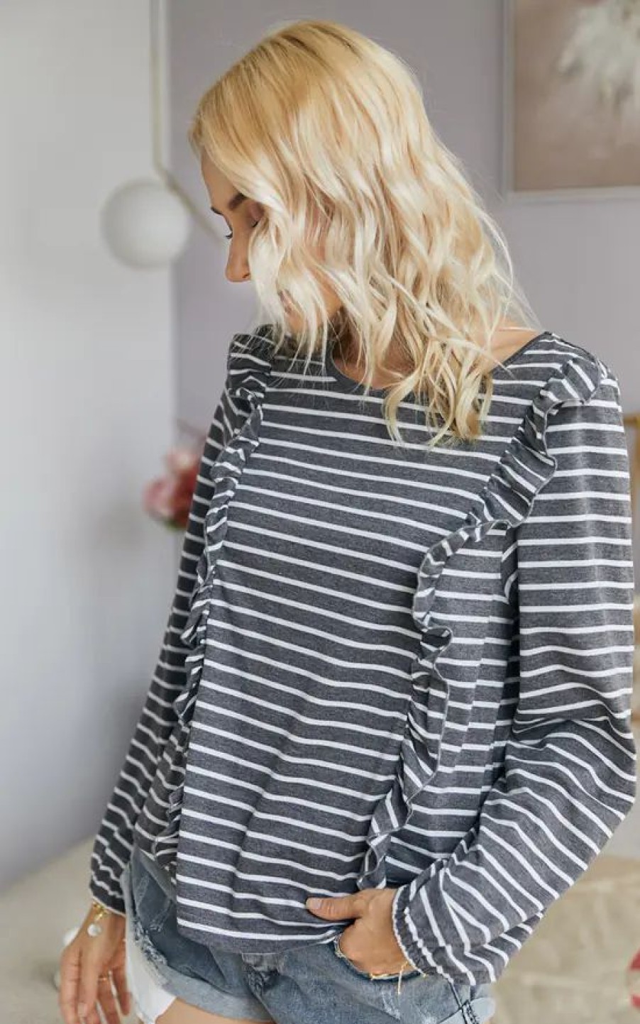 Tops * | Brand New Fs Collection Frill Hem Detail Long Sleeve Breton Striped Top In Grey