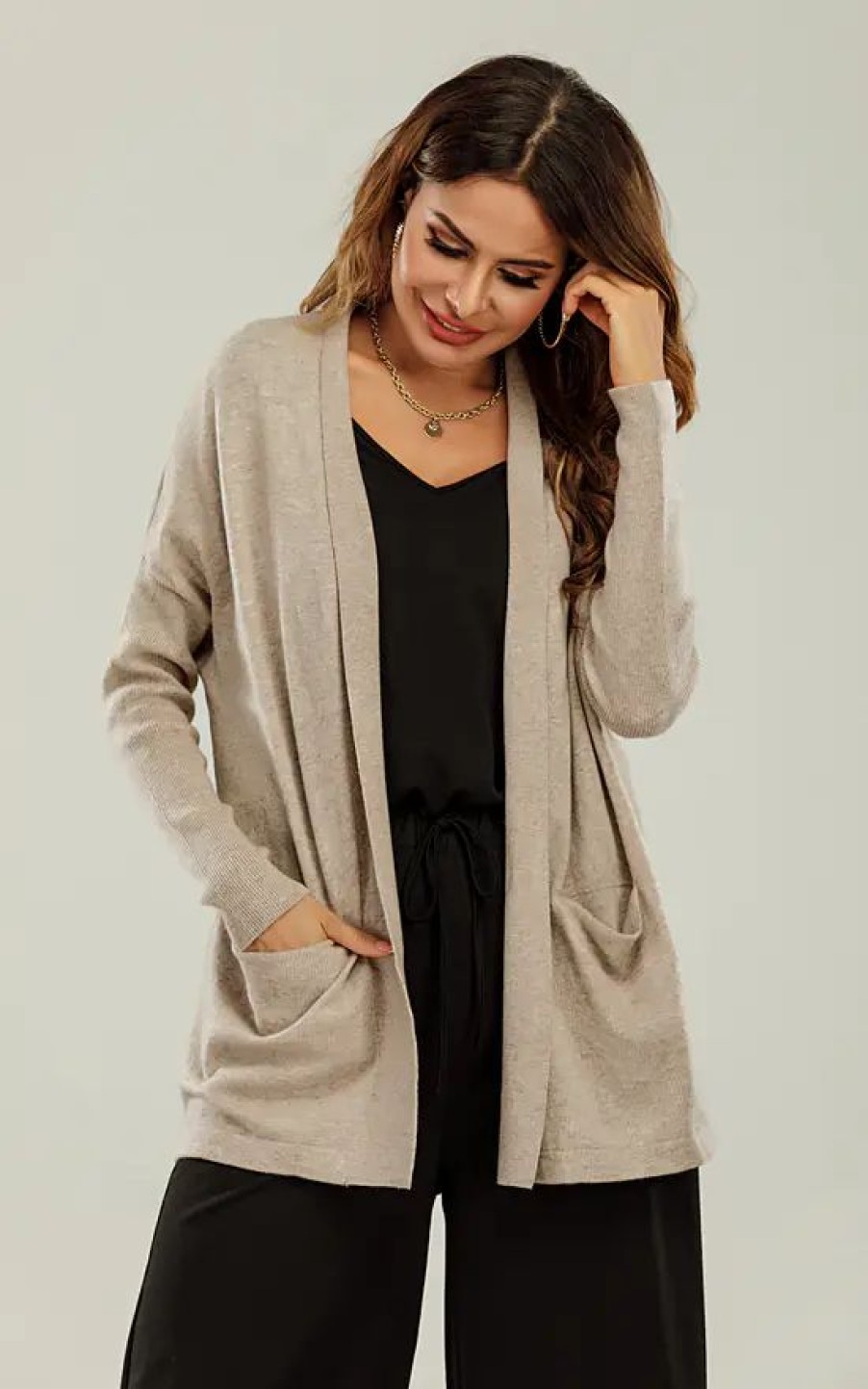 Knitwear * | Best Reviews Of Fs Collection Wool Blend Classic Open Cardigan In Beige