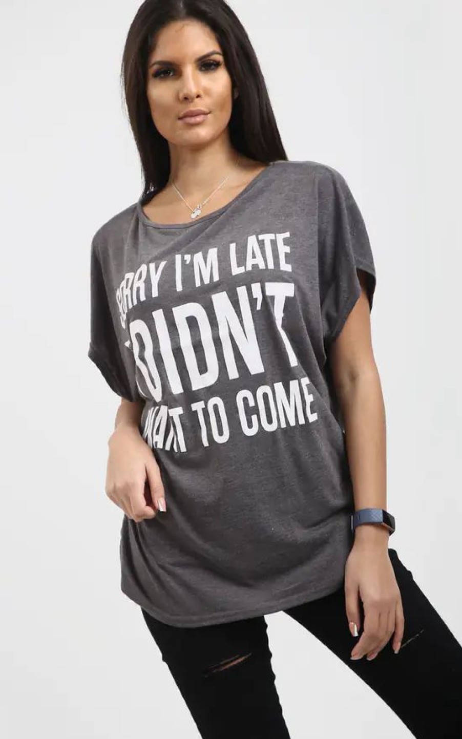 Tops * | Promo Oops Fashion Charcoal Grey Off Shoulder Oversized Tshirt With Slogan Print