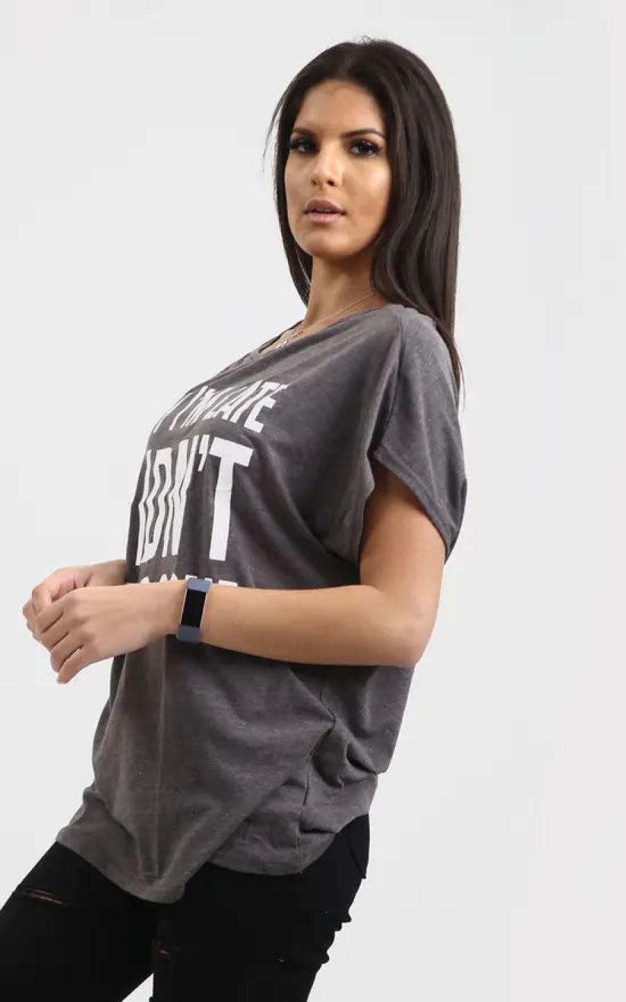 Tops * | Promo Oops Fashion Charcoal Grey Off Shoulder Oversized Tshirt With Slogan Print