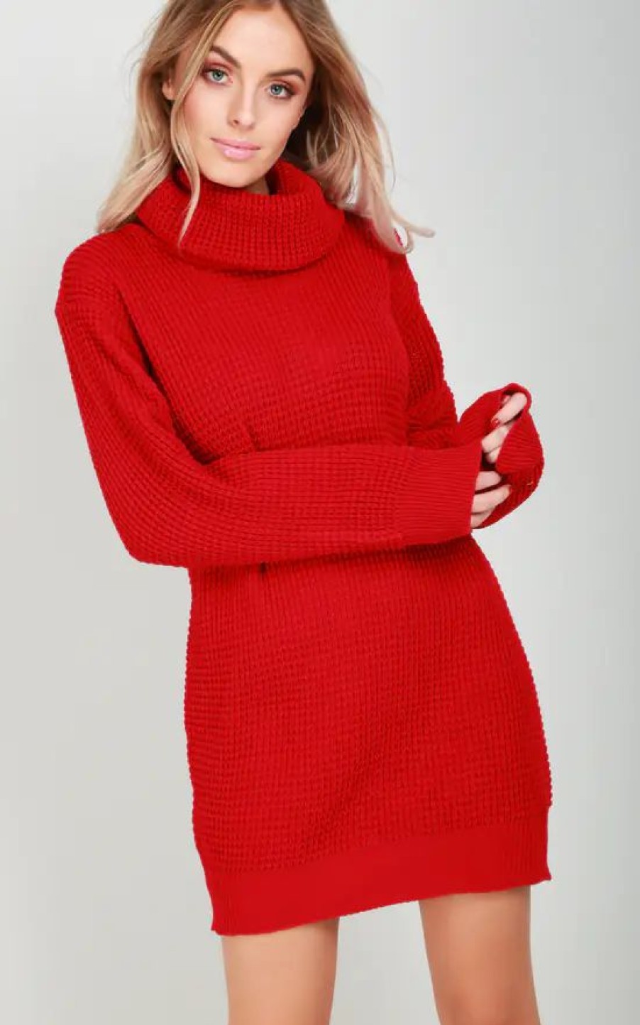 Dresses * | Buy Oops Fashion Long Sleeve Roll Neck Knitted Dress In Red