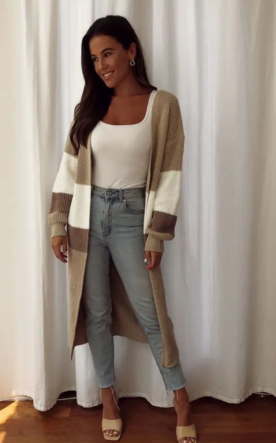 Knitwear * | Budget Girl In Mind Cara Panelled Longline Cardigan Beige