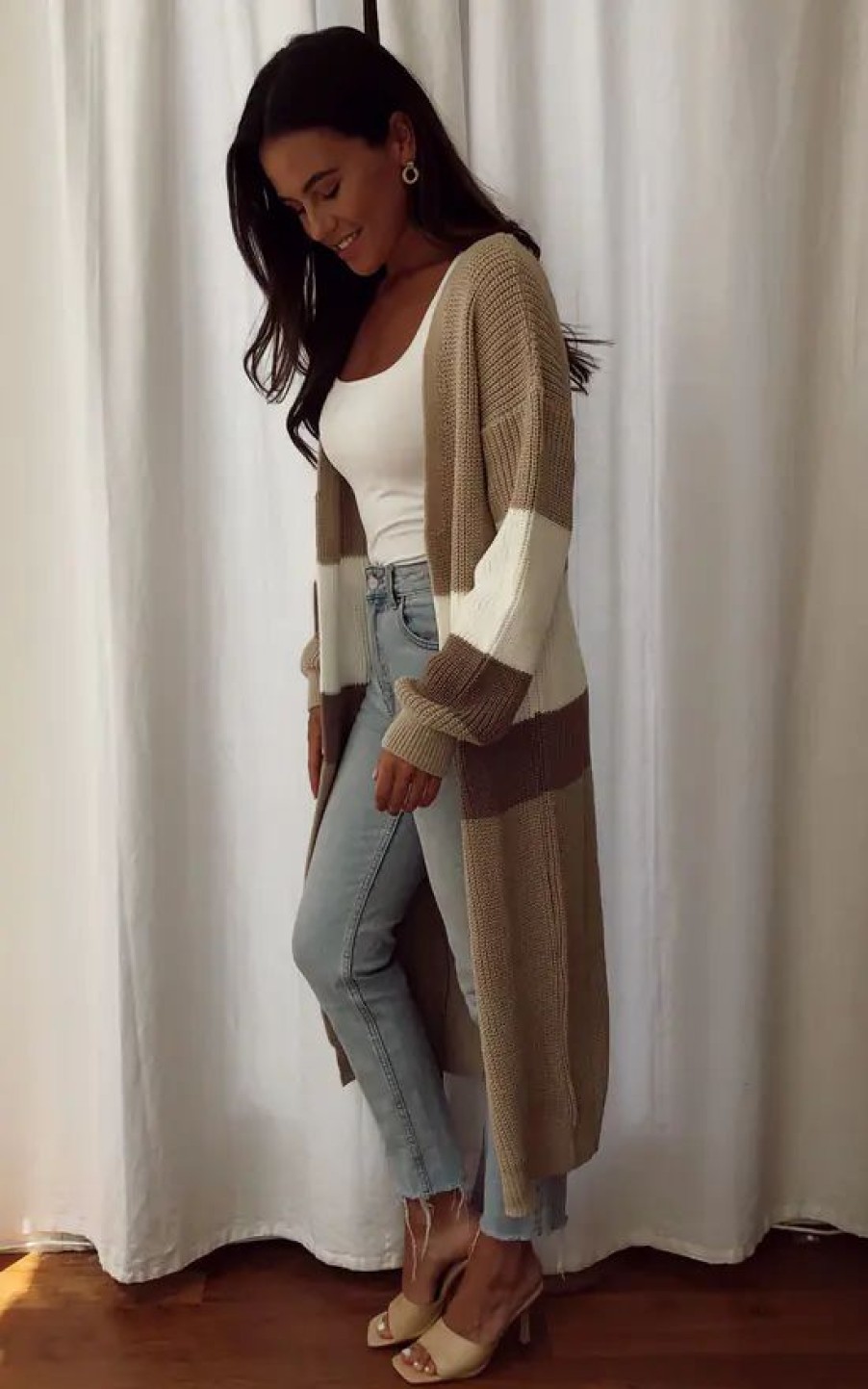 Knitwear * | Budget Girl In Mind Cara Panelled Longline Cardigan Beige