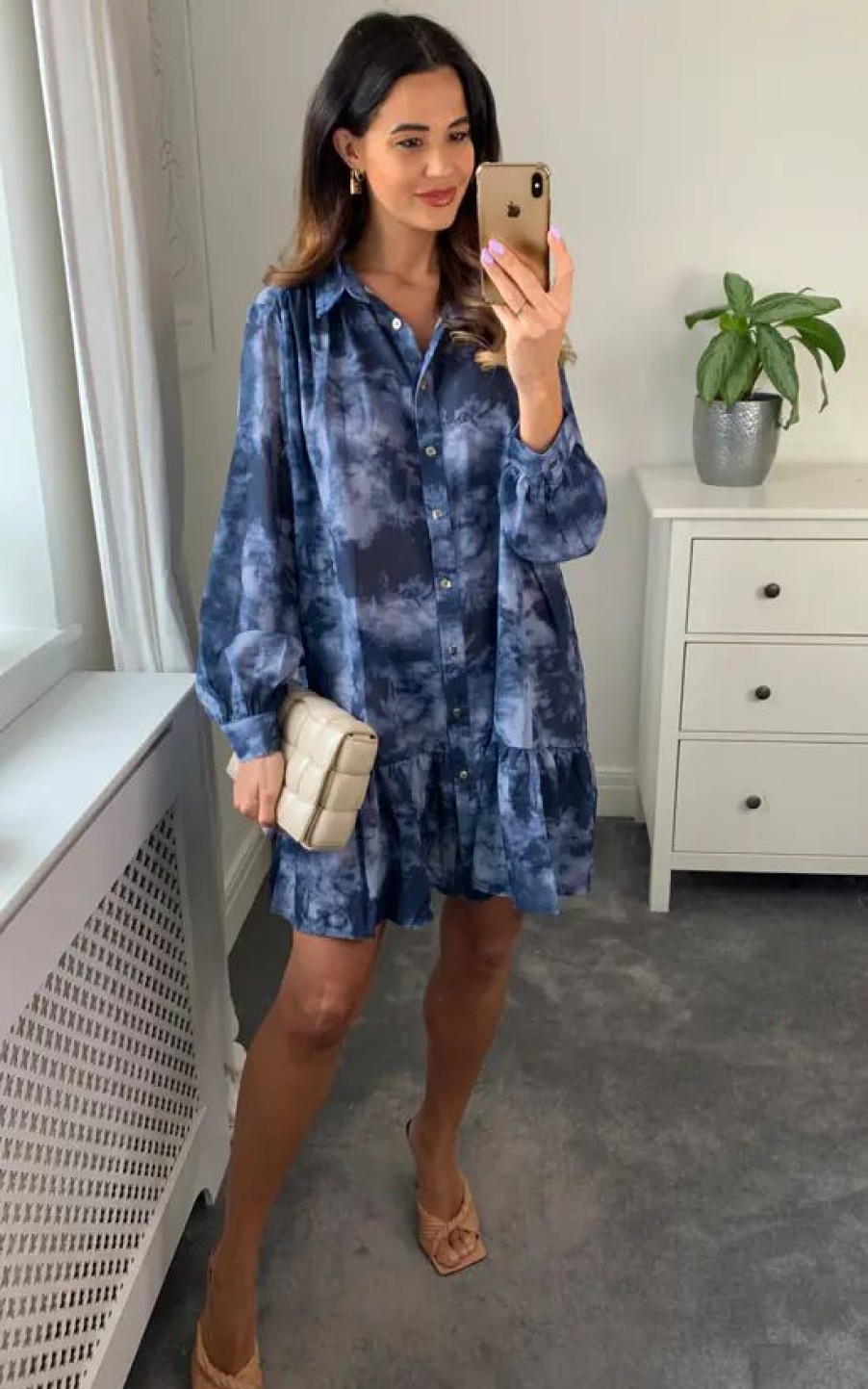 Dresses * | Best Deal Malissa J Collection Oversized Long Sleeved Shirt Dress With Frill Hemline In Denim